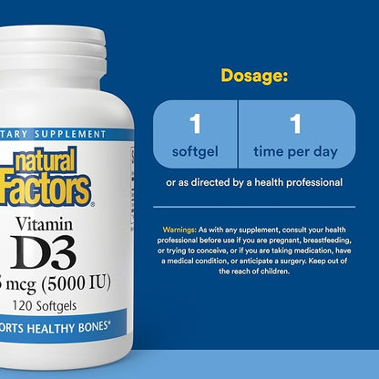 Natural Factors - Vitamin D3 5000 IU, Supports Healthy Bones, 120 Soft Gels