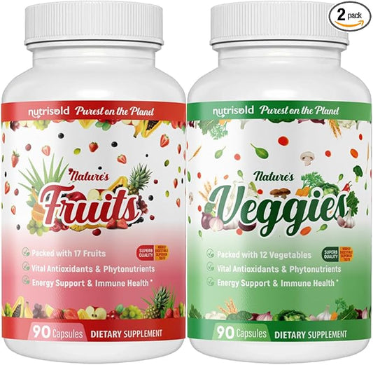 Whole Food Fruits & Vegetables Supplement – Superfood Blend for Energy, Digestion & Immune Support – 90 Fruit & 90 Veggie Capsules – Made in USA