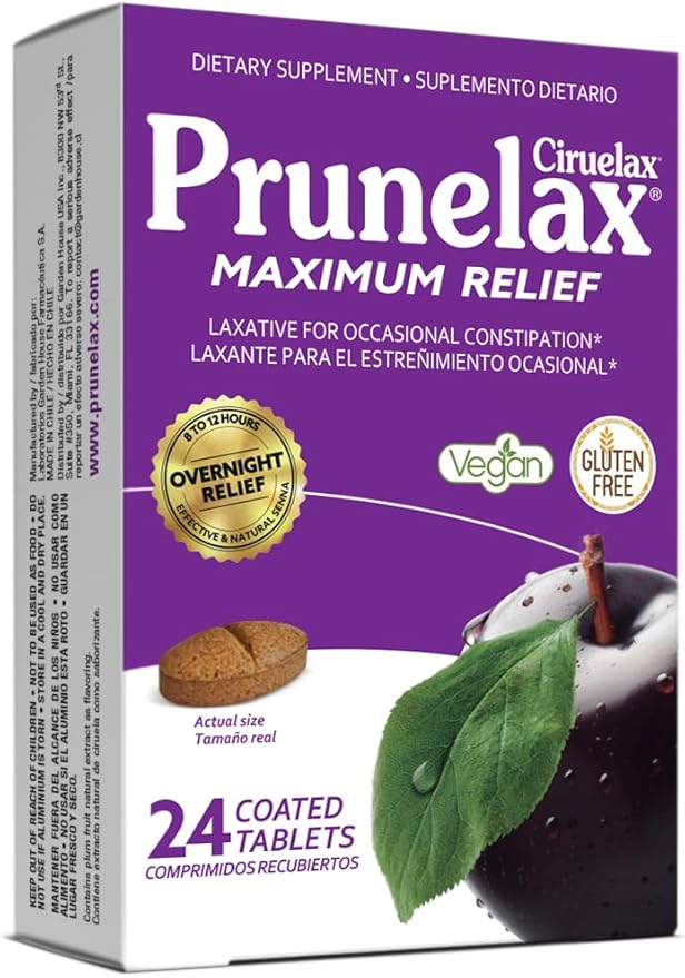 Prunelax Ciruelax Maximum Relief Laxative Tablets with Natural Senna for Occasional Constipation, Senna Extract, Vegan & Gluten-Free, Gentle Overnight Relief - 24ct