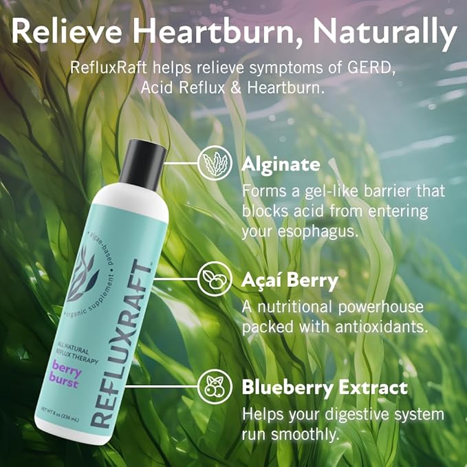Acid Reflux Therapy with Organic Alginate, Rapid & Long Lasting Gerd, LPR & Digestion Symptom Support, Zero Sugar, Gluten Free, Low Sodium, Berry Burst Flavor, 47 Gel Servings, 8 OZ Bottle