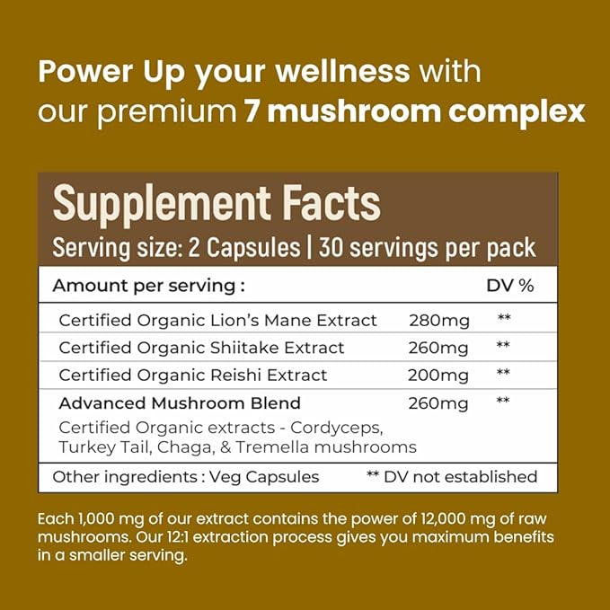 ROOTED Active's Mushroom Complex - Ayurveda Lions Mane, Reishi, Cordyceps, Chaga, Turkey Tail, Shiitake and Tremella - 1000 MG (60 Capsules, 30 Day Supply)