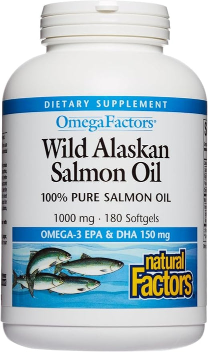 Natural Factors Wild Alaskan Salmon Oil Provides Omega-3, EPA, DHA & Vitamin D, Supports Brain & Heart Health, 180 Softgels
