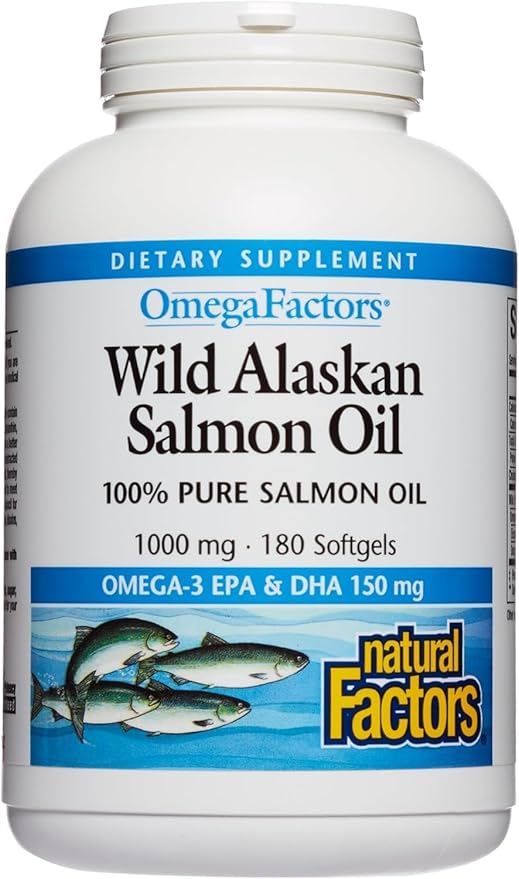 Natural Factors Wild Alaskan Salmon Oil Provides Omega-3, EPA, DHA & Vitamin D, Supports Brain & Heart Health, 180 Softgels