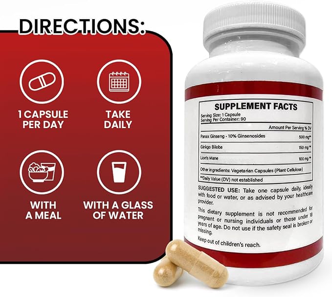Panax Ginseng + Ginkgo Biloba + Lion's Mane 750 MG per Serving - 90 Vegan Capsules, Extra Strength Ginsenosides for Energy, Mental Focus, Immune Support, Non-GMO & Gluten Free