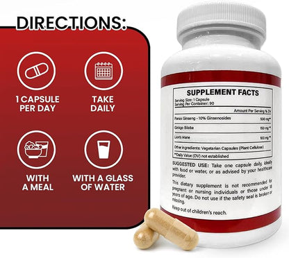 Panax Ginseng + Ginkgo Biloba + Lion's Mane 750 MG per Serving - 90 Vegan Capsules, Extra Strength Ginsenosides for Energy, Mental Focus, Immune Support, Non-GMO & Gluten Free