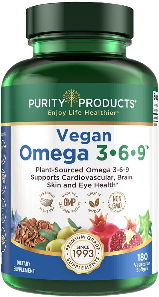Purity Products Vegan Omega 3-6-9 Formula - “5 in 1” Essential Fatty Acid Complex - Scientifically Formulated Plant-Based Omega 3 6 9 Essential Fatty Acids (EFA) - 3 Month Supply - 180 Softgels