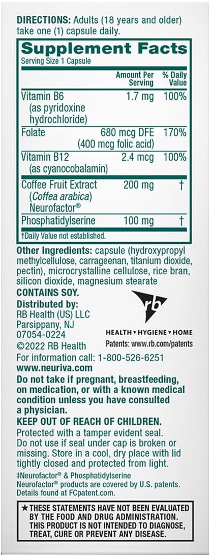 NEURIVA Plus Brain Supplement for Memory, Focus & Concentration + Cognitive Function with Clinically Tested Nootropics Phosphatidylserine and Neurofactor, VIT B6 & B12, 30 Count Capsules (2 Pack)
