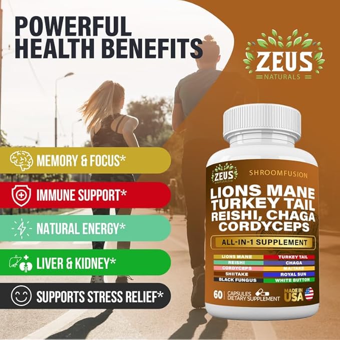 Lions Mane 300mg Turkey Tail 2000mg Cordyceps Chaga 1000mg Reishi 1000mg Maitake Meshima Poria Cocos Shiitake Oyster Porcini Enoki Mushroom Supplement (60Ct)