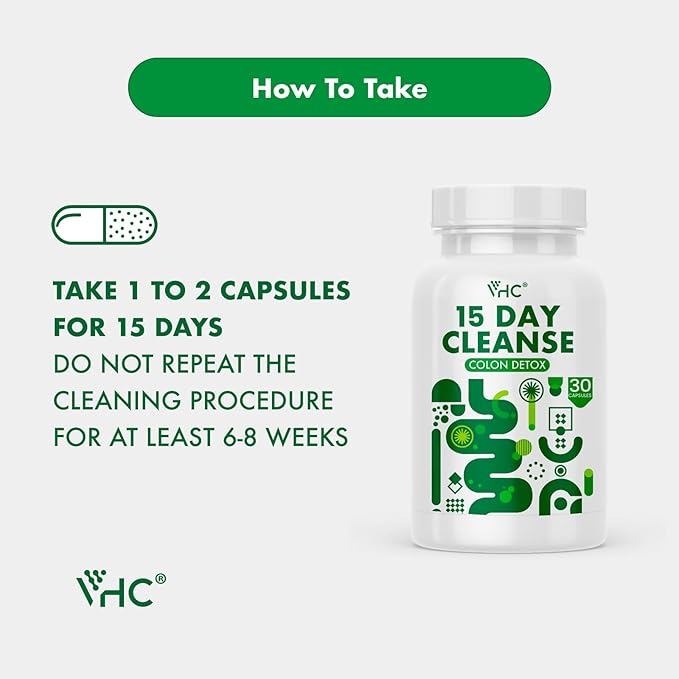 VHC 15 Day Cleanse,Colon Detox and Gut Health for Women and Men,Detox Supplement with Strength Senna Leaf,Cascara Sagrada & Psyllium Husk,Made in USA,Vegan, Non-GMO Ingredients,30 Capsule