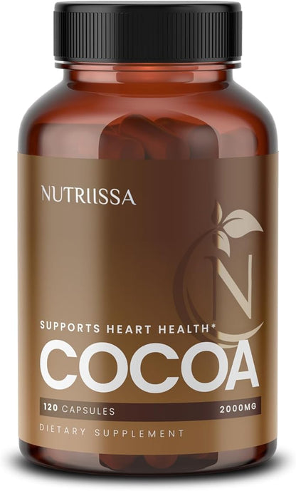 Nutriissa Cocoa Capsules 2000mg - Advanced Heart Health, Nitric Oxide & Circulation Support - 500mg Cocoa Flavanols per Serving - EPEB Certified for Purity & Potency - Vegan, 120 Capsules, 40 Servings