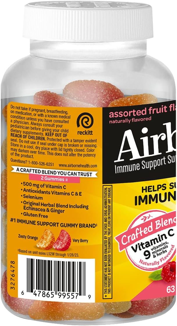 Airborne Kids 500mg Vitamin C Gummies, Kids Immune Support Zinc Gummies with Powerful Antioxidants VIT C & E - 63 Gummies, Assorted Fruit Flavor (Pack of 3)