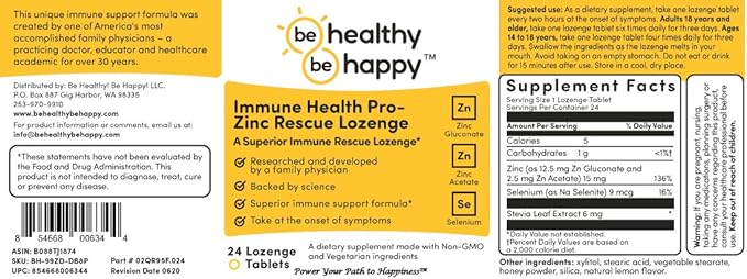 Be Healthy! Be Happy! Immune Health Pro - Zinc Rescue Lozenge Common Cold Relief Formula & Immune System Support 24 Count.