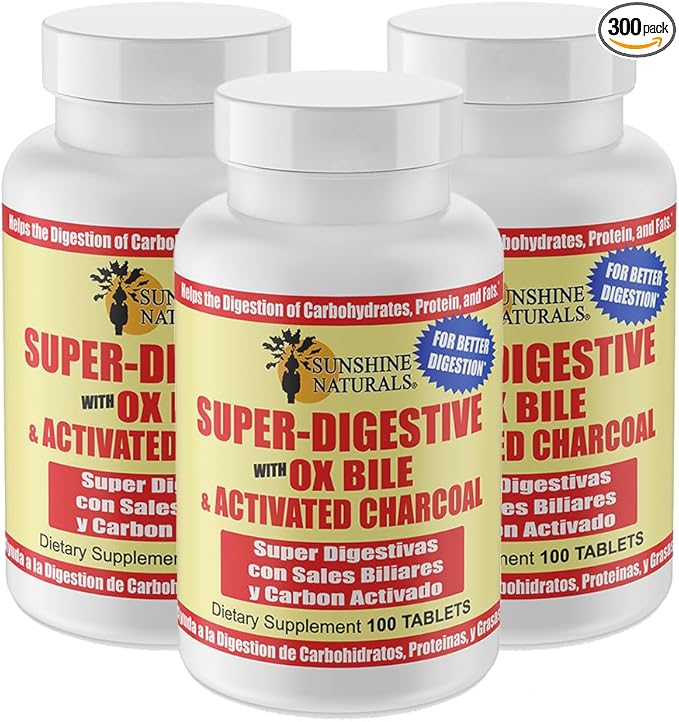 Super Digestive Supplement. Ox Bile & Activated Charcoal for Digestive Support, Bloating Relief, Gut Cleanse, Nutrient Absorption, and Overall Wellness. 100 Tablets. Pack of 3