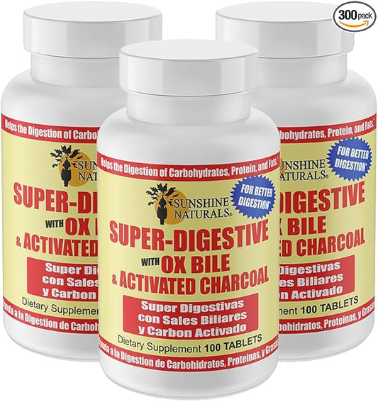 Super Digestive Supplement. Ox Bile & Activated Charcoal for Digestive Support, Bloating Relief, Gut Cleanse, Nutrient Absorption, and Overall Wellness. 100 Tablets. Pack of 3