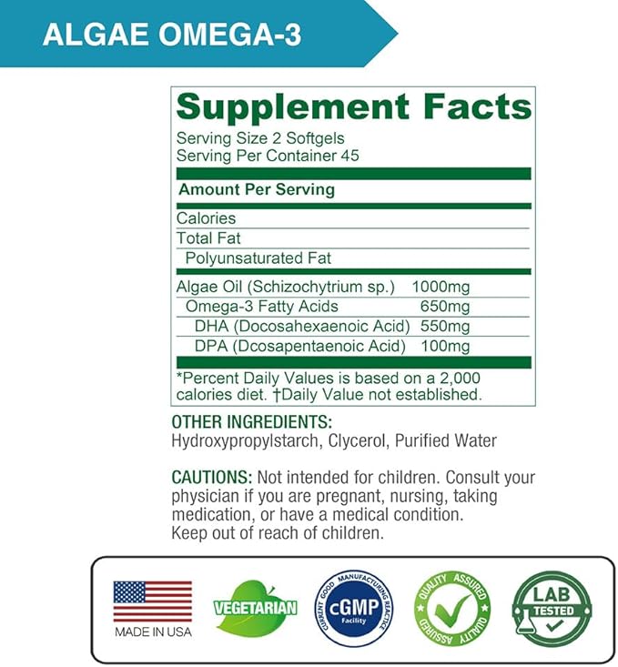 Lovita Algae Omega-3, Vegan and Plant-Based DHA & DPA, Fish Oil Alternative, 1000mg Algae Oil, Support Heart and Brain Health, Carrageen-Free, 90 Softgels