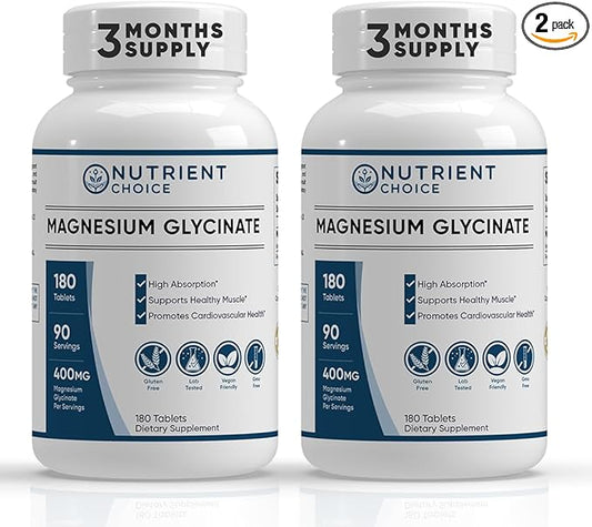 400 mg Magnesium Glycinate 180 Tablets Non Buffered High Absorption Non-GMO Promotes Cardiovascular Health Supplement for Stress Relief, Sleep, Heart Health, Ease Muscles, Calm Headaches Pack of 2