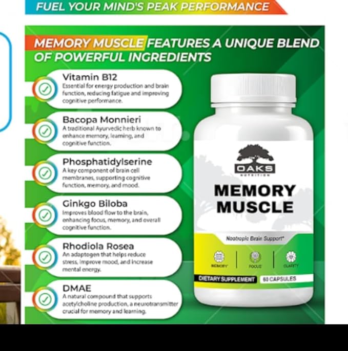 Memory Muscle - Premium Memory Support Supplement with Nootropics for Enhanced Focus & Mental Clarity - Featuring B12 for an Added Energy Boost