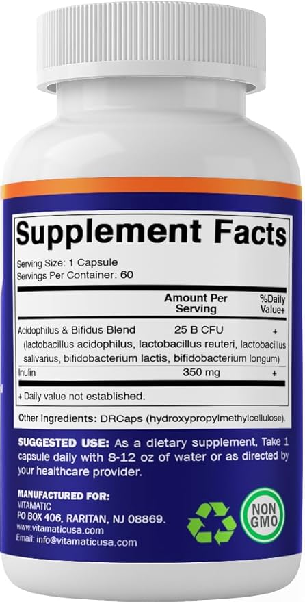 Vitamatic Acidophilus Bifidus 25 Billion DR Capsule - 60 Count - Digestive Support - Made with Prebiotic Inulin Fiber