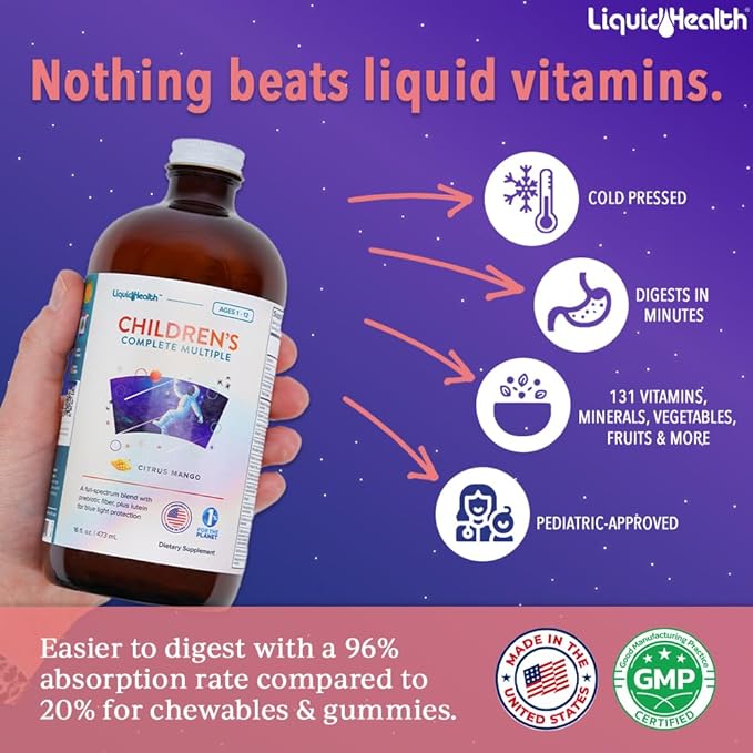 LIQUIDHEALTH Children's Complete Liquid Multivitamin for Kids, Toddlers - Essential Vitamins, Nutrients & Minerals, Immune Support, Gut Health - Made in The USA, Vegan, Non GMO, Sugar-Free (2 Pack)