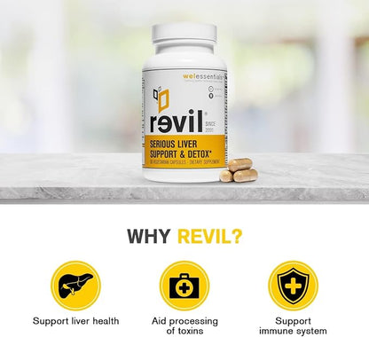 drinkwel WELESSENTIALS Liver and Herbal Support - 90 Vegetarian Capsules - Revil Dietary Supplement with Organic Milk Thistle, Burdock Vitamin C - Gluten-Free