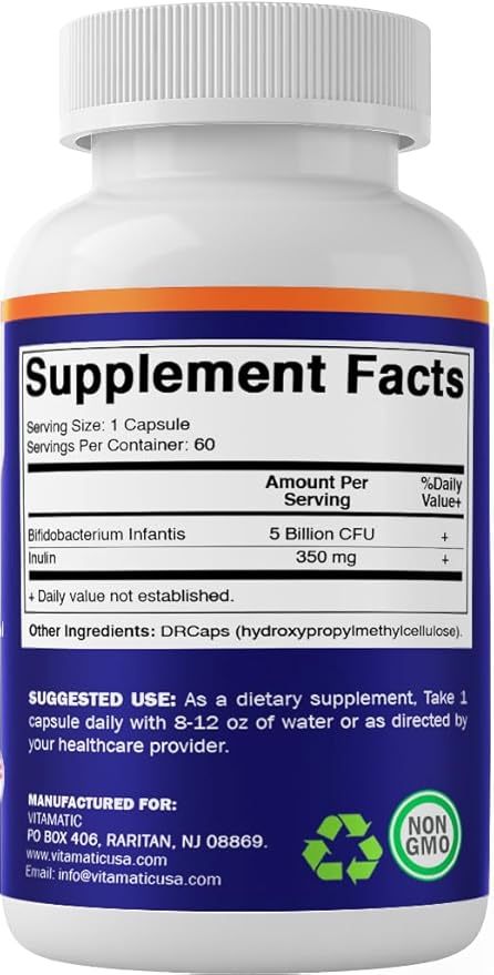 Vitamatic Bifidobacterium Infantis - 5 Billion per DR Capsule - 60 Count - Digestive Support - Made with Prebiotic Inulin Fiber