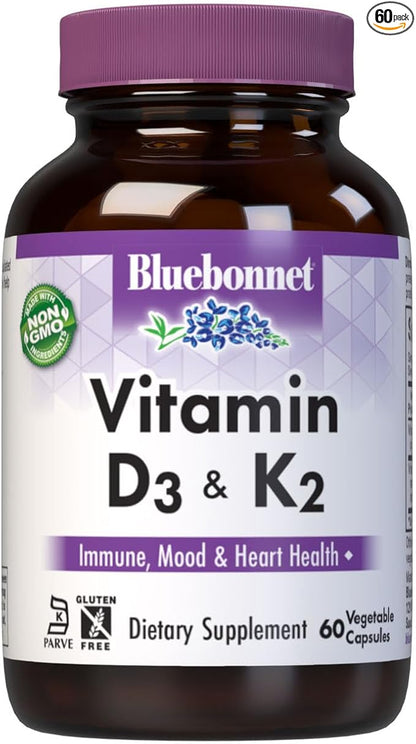 Bluebonnet Nutrition Vitamin D3 & K2, Soy-Free, for Strong-Healthy Bones*, Gluten-Free, Non-GMO, Dairy-Free, Kosher Certified, Vegetarian, 60 Vegetable Capsules, 60 Servings