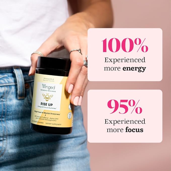 Winged Rise Up Gummies | Energy & Brain Boost Supplement | Natural Caffeine, Ashwagandha & B12 for Energy | Nootropics Alpha-GPC, Lion’s Mane & Huperzine A for Focus | Pineapple Flavor (90 Servings)