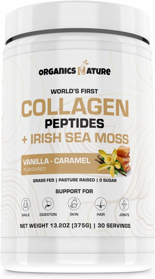 ORGANICS NATURE Collagen Peptides Powder with Irish Sea Moss Vanilla Caramel Flavored | Naturally Sourced Hydrolyzed Collagen w/Biotin for Hair, Skin, Nail, and Joint Support 30 Servings 380 gr