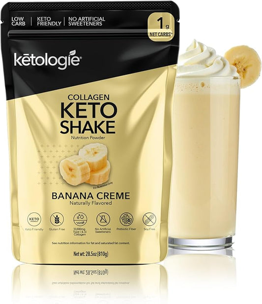 Keto Collagen Shake (Banana Creme) - with Coconut Oil, Prebiotics, Grass Fed Hydrolyzed Collagen Peptides Type I & III, Low Carb, Gluten Free,1.78lbs.