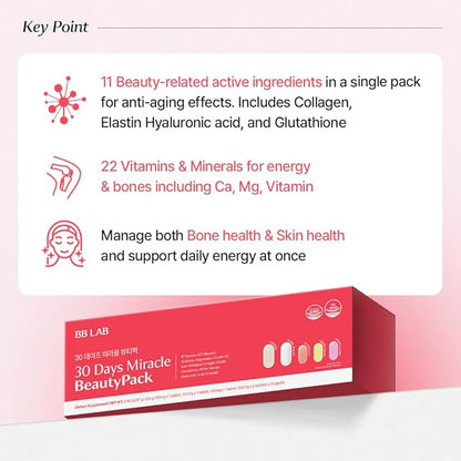 BB LAB 30 Days Miracle Beauty All-in-one Pack, Low Molecular Collagen, Elastin, Glutathione, Ceramide, Hyaluronic Acid, Multivitamins & Minerals, Calcium, Magnesium, Vitamin D