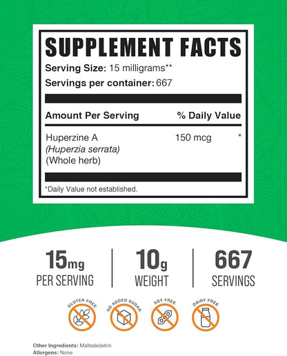 BulkSupplements.com Huperzine A Powder - Huperzia Serrata Powder, Huperzine A Supplement - Nootropic Supplement, Gluten Free, 15mg per Serving, 10g (0.35 oz) (Pack of 1)