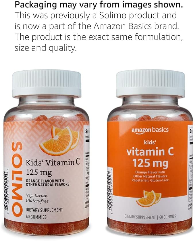 Amazon Basics Kids' Vitamin C 125mg Gummies, Orange, 60 Count, Immune Health, 2 Month Supply (Previously Solimo)