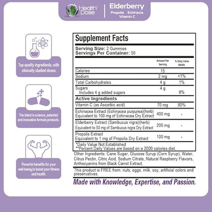 Elderberry Sambucus Gummy Vitamins Kids 100 Gummies. with Propolis Extract, Echinacea, Vitamin C, Yummy Raspberry Flavor, Vegan, Gluten-Free, Defense, Immune Support Booster. Pack of 2