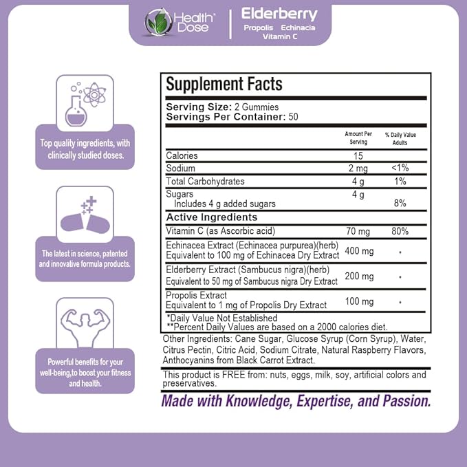 Elderberry Sambucus Gummy Vitamins Kids 100 Gummies. with Propolis Extract, Echinacea, Vitamin C, Yummy Raspberry Flavor, Vegan, Gluten-Free, Defense, Immune Support Booster, Pack of 5.