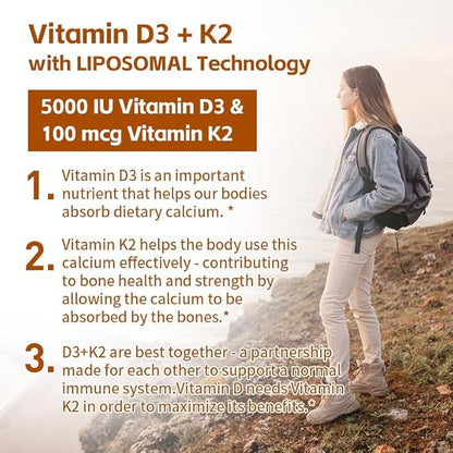 Vitamin D3 + K2 5000 IU - Liposomal Technology for Enhanced Absorption - MK-7 Vitamin K2 100mcg - Supports Bone & Calcium Metabolism - D3K2 Supplement for Men & Women - 180 Softgels