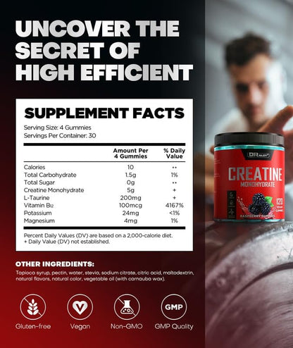 99.99% Creatine Monohydrate Gummies More 15% Strength, 5X Energy & Muscle Support Pre-Workout Complex Creatine for Women & Men with 5000mg Creatine, L-Taurine, B12, Mg and K, 0 Sugar, Vegan