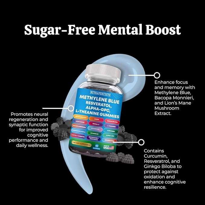 Sugar Free Methylene Blue Gummies Supplement with L-Theanine, DIM, Myo-Inositol, D-Chrio, Choline, DHA for Mental Clarity, Focus, Brain, Memory, Cognitive Support Vitality Performance Neuroprotection