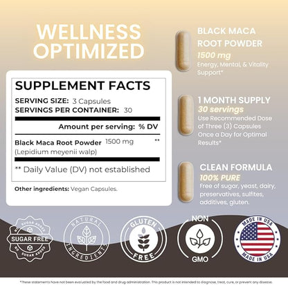 Black Maca Root Supplement - 90 Vegan Maca Root Capsules for Energy Support, Mood Balance, Mental Focus, Memory Enhancement