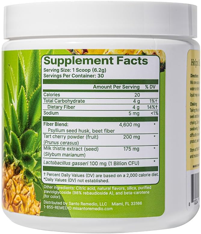 Santo Remedio Colon Plus, Colon Cleanser, Dietary Psyllium Husk Fiber and Probiotics Supplement, 30 Servings, Pineapple Flavor