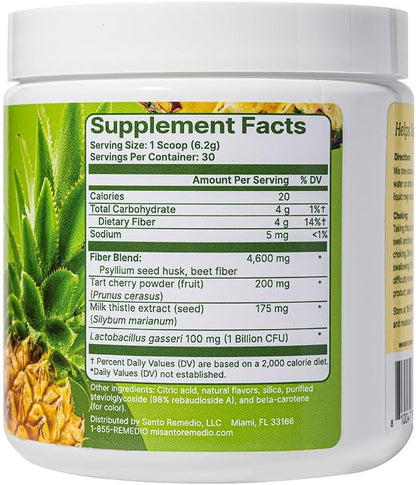Santo Remedio Colon Plus, Colon Cleanser, Dietary Psyllium Husk Fiber and Probiotics Supplement, 30 Servings, Pineapple Flavor