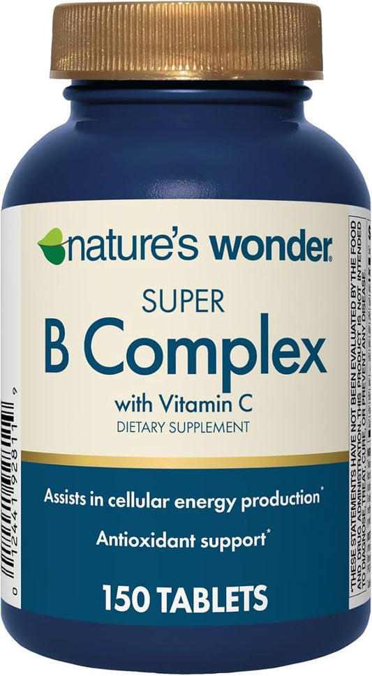 Nature's Wonder Super B Complex with Vitamin C, Vitamin B12, & Folic Acid – Supports Energy Metabolism, Immune Function, Nervous System, Skin & Muscle Health, 150 Tablets