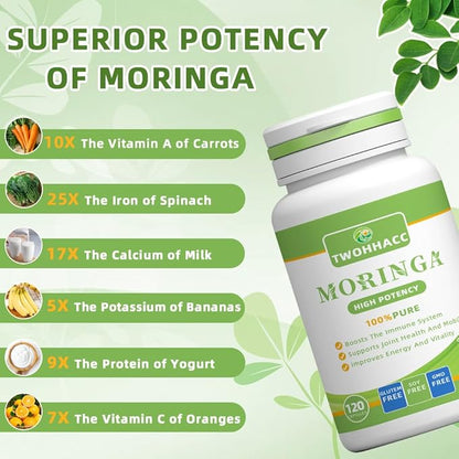Pure Moringa Powder Capsules Organic Moringa Leaf Green Superfood Supports Energy Immunity Skin Gut and Joint Health Gluten Free Supplement 120ct
