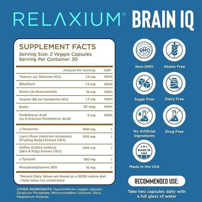 BrainIQ Nootropic Brain Supplements for Memory and Focus | Memory Supplement for Brain Health | Cognitive Supplement & Memory Pill with Lion's Mane, L-threonine & Coffee Extract - 60 Count (Pack of 2)