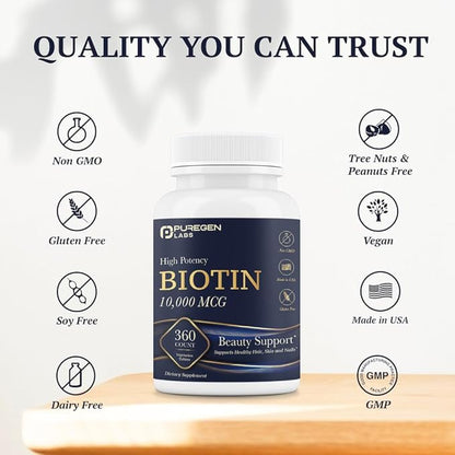 Puregen Labs Biotin 10,000 MCG Supports Healthy Hair, Skin & Nails - High Potency Beauty Support - Non-GMO, Gluten Free | 360 Vegetarian Tablets