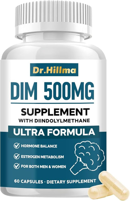 DIM 500MG Supplement Ultra Formula – Hormone Metabolism & Estrogen Balance Support for Women & Men – Diindolylmethane with Black Pepper Extract for Maximum Absorption – Vegan & Soy-Free – 60 Capsules