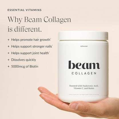 Beam Collagen Powder, Collagen for Women, Collagen with Hyaluronic Acid, Collagen Peptides Type 1 and 3, with Biotin, Grass Fed Bovine, Third-Party Tested, Best for Coffee, Vitamin C, 30 Servings