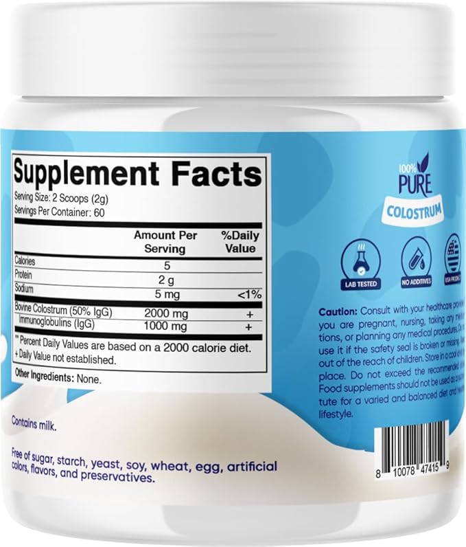 Vitamatic Bovine Colostrum Powder - 50% Highest IgG - Supplement for Gut Health, Hair Growth, Beauty, Muscle Recovery, & Immune Support - Easy to Mix - Unflavored - 60 Servings