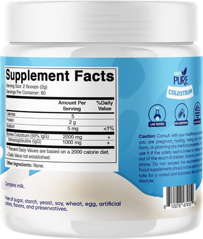 Vitamatic Bovine Colostrum Powder - 50% Highest IgG - Supplement for Gut Health, Hair Growth, Beauty, Muscle Recovery, & Immune Support - Easy to Mix - Unflavored - 60 Servings