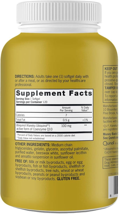 Qunol Ubiquinol CoQ10 100mg Softgels, Ubiquinol - Active Form of Coenzyme Q10, Antioxidant for Heart Health, Healthy Blood Pressure Levels, Beneficial to Statin Users, 120 Count