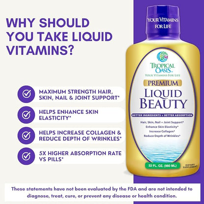 Tropical Oasis - Liquid Beauty | Supplement for Hair, Skin, & Nail Growth - Biotin + Hydrolyzed Collagen (32 Servings)